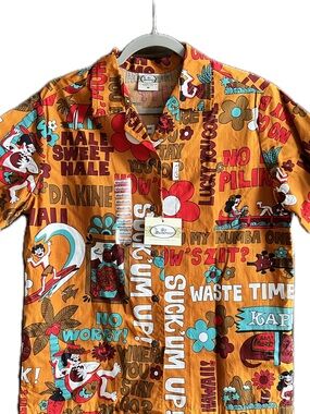 Barefoot Go Ladies cut ‘Waste Time’ Aloha Shirt in Orange or Brown